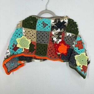 Vintage Kids Crochet Granny Square Jacket Poncho Sweater Boho Autumn Leaves